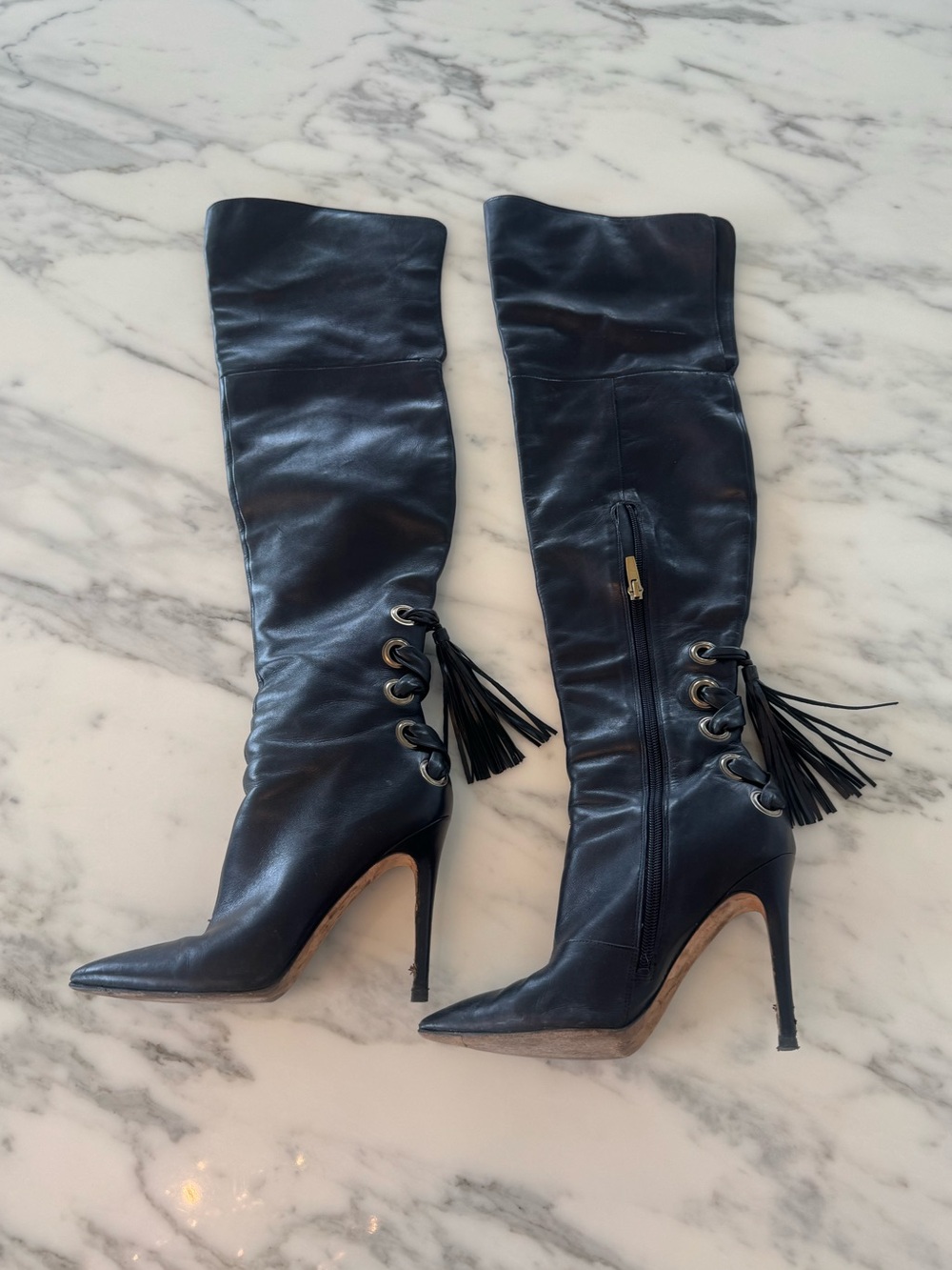 Via Spiga Black Over-the-Knee Stiletto Boots with Tassel Eyelet Detail